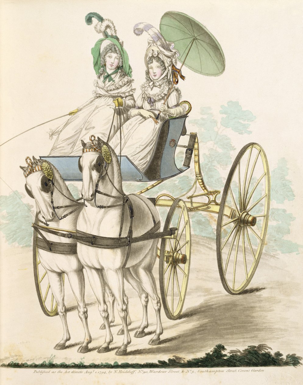 Duas senhoras, em negligência, tendo uma exibição em um faeton, da Galeria da Moda de Nikolaus Heideloff, Vol. I, agosto de 1794 (impressão) de Nicolaus von Heideloff