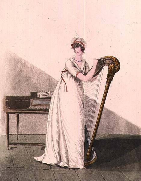 Jovem com uma harpa da "Galeria da Moda" de Heideloff, no início do século XIX (gravura colorida) de Nicolaus von Heideloff