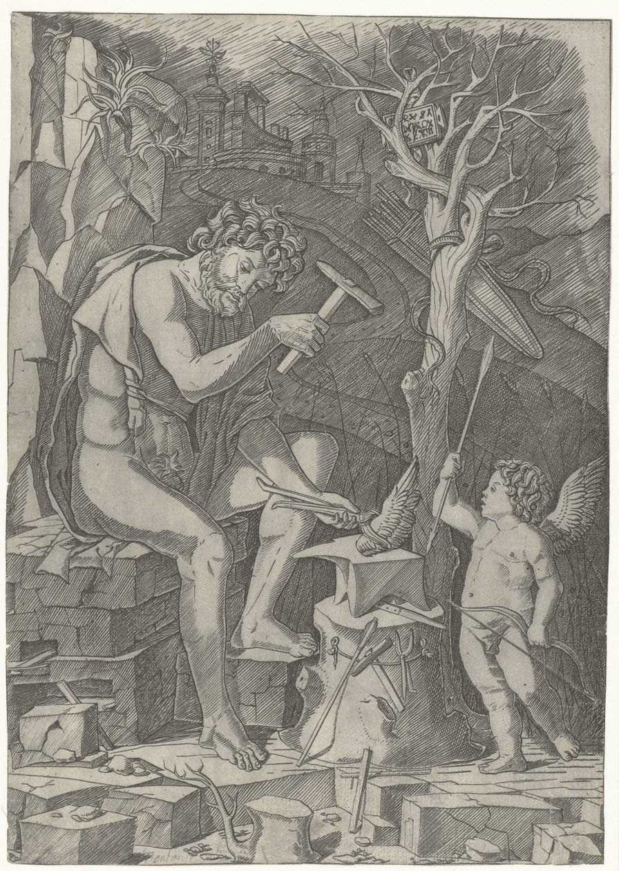 Vulcano forja a asa do Cupido de Nicoletto da Modena