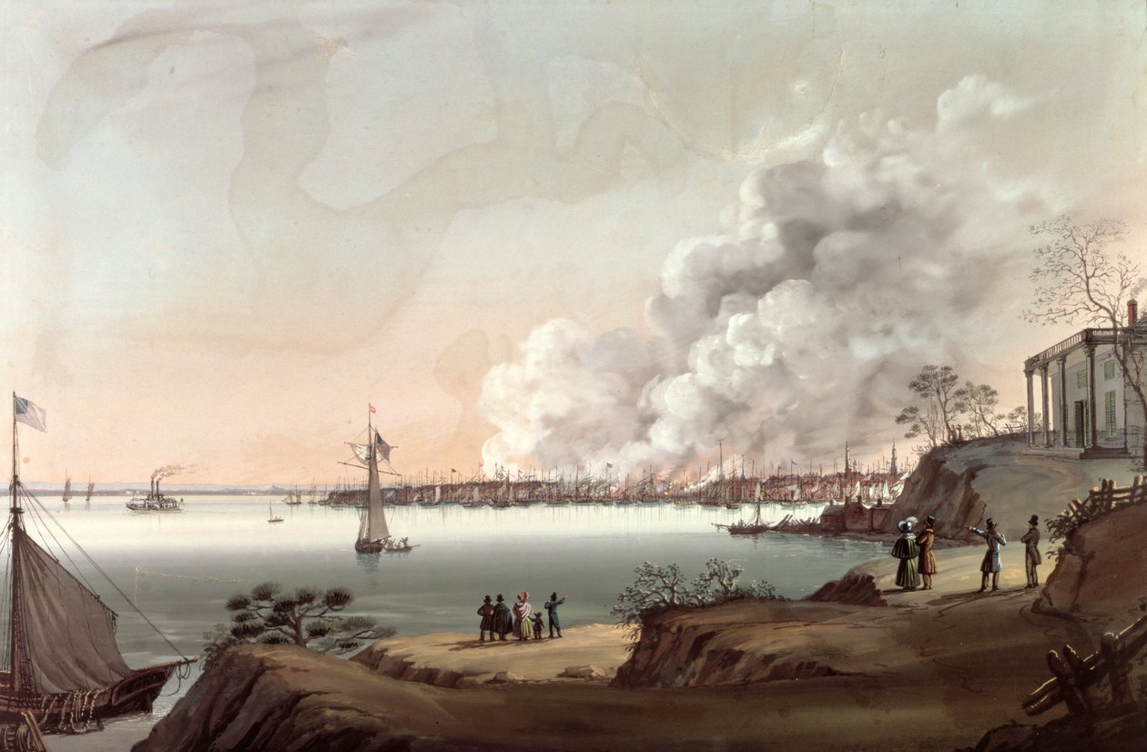 Vista de Nova York após o grande incêndio do Brooklyn, 1835 de Nicolino Calyo