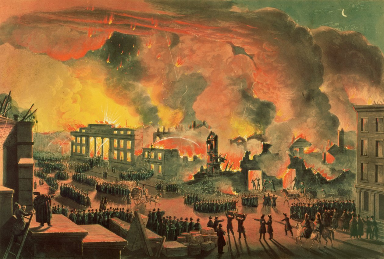 Vista do Grande Incêndio em Nova York, de 16 a 17 de dezembro de 1835, gravado por William James Bennett (1787-1844) (gravura colorida) de Nicolino Calyo
