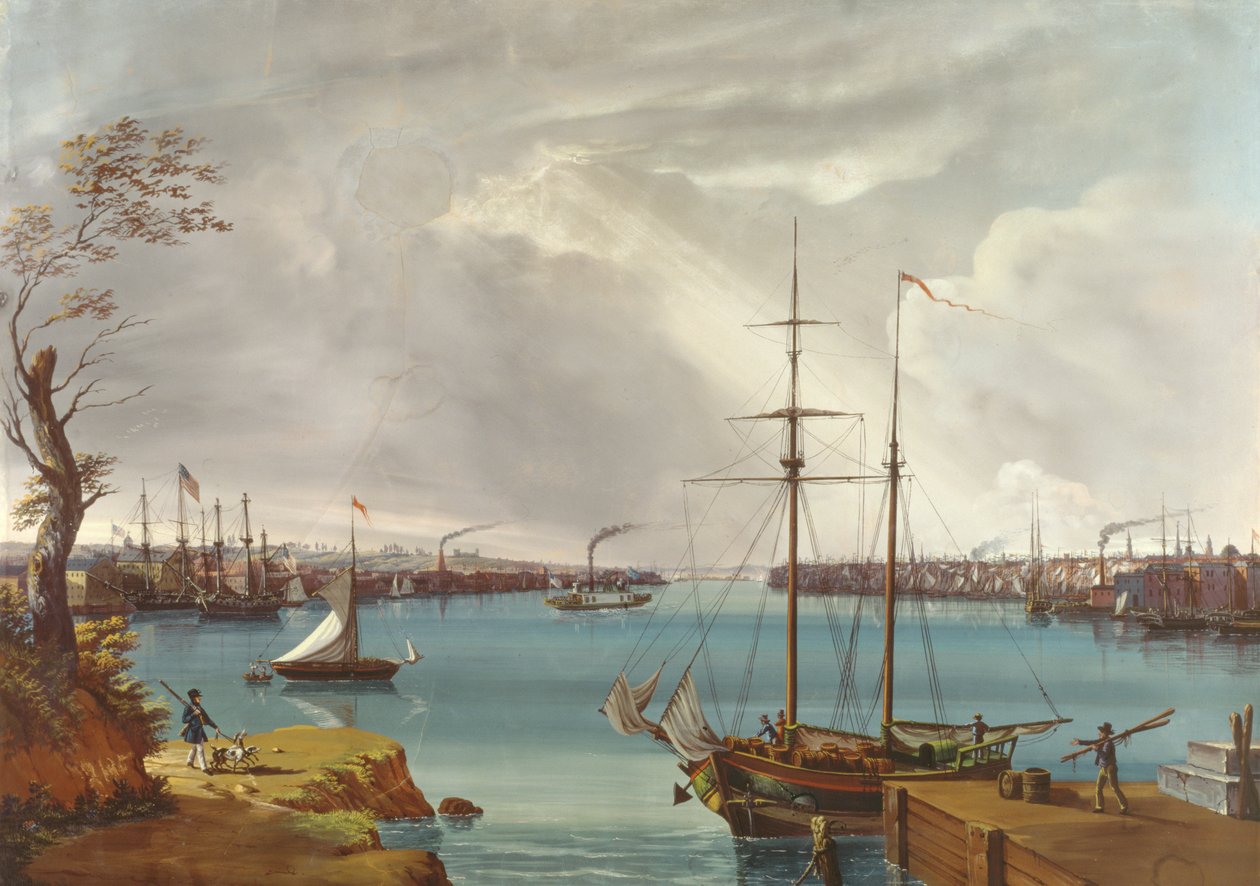 Vista, de, nova iorque, brooklyn, e, a, jarda marinha, levado, de, a, alturas, perto, Willamsburg, c.1835-45, (guache, wc, ligado, paper) de Nicolino Calyo