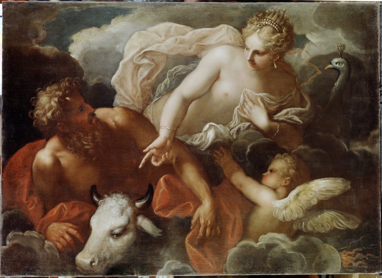 Júpiter, Juno e Io - Pintura de Niccolo (Nicolo) Bambini (1651-1736), óleo sobre tela, finais do século XVII - Arte veneziana de Nicolo Bambini