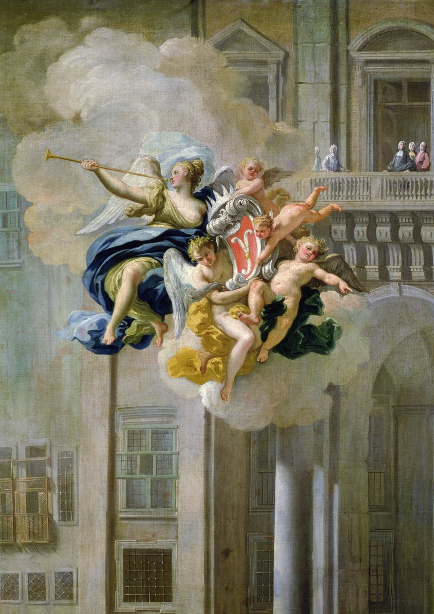 Fama ostentando o brasão de armas da Casa de Harrach (detalhe de 68612) de Nicolo Maria Russo or Rossi