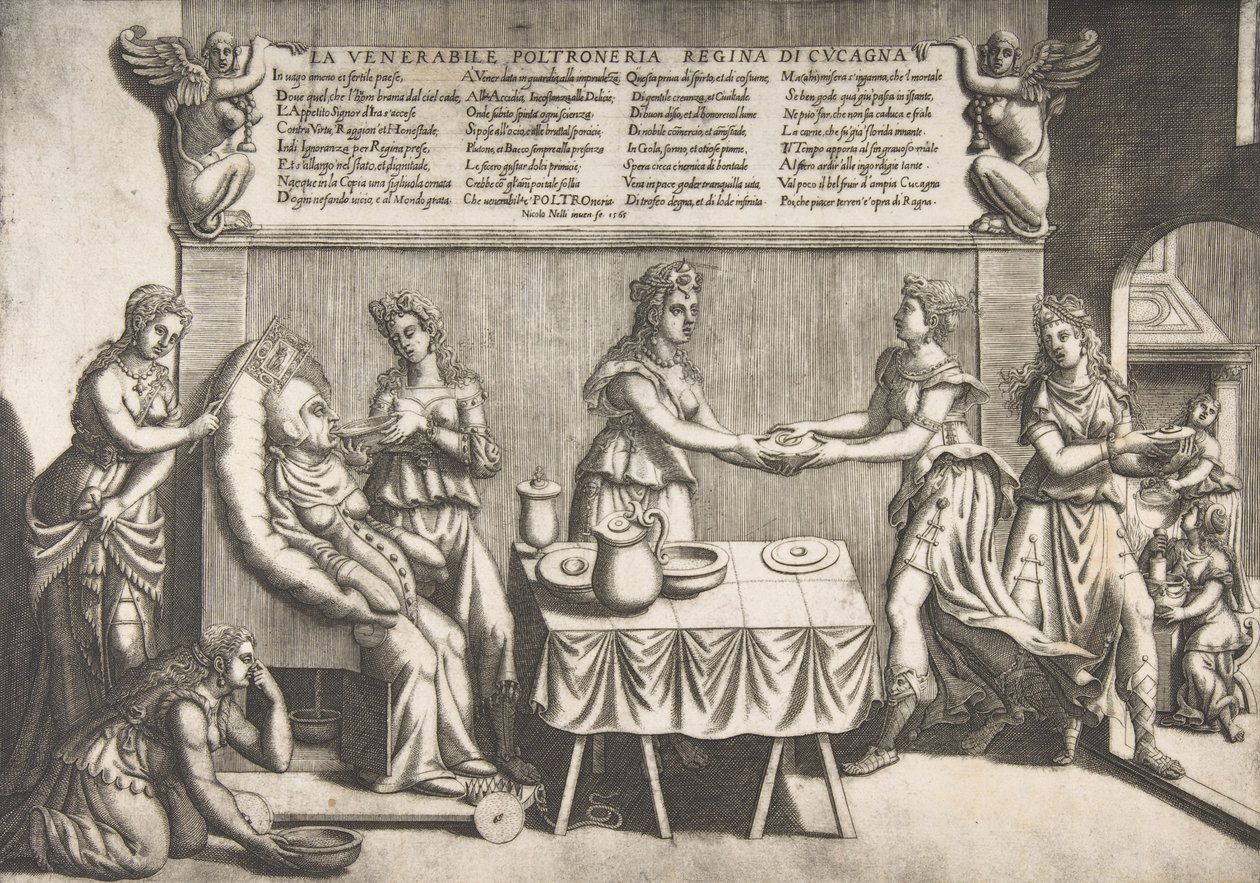 Venerável Ociosidade, Rainha da Cocanha, uma mulher gorda sentada em uma cadeira de toalete móvel sendo..., 1565. de Nicolo Nelli