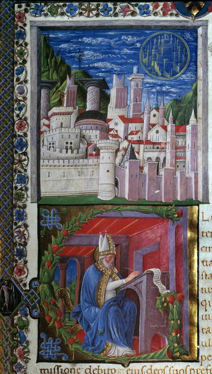 Santo Agostinho Escrevendo Miniatura de Nicolo Polani tirada de "De civitate dei" (A Cidade de Deus) por Santo Agostinho de Hipona (354-430). 1459. Paris, Bibliotheque sainte Genevieve de Nicolo Polani
