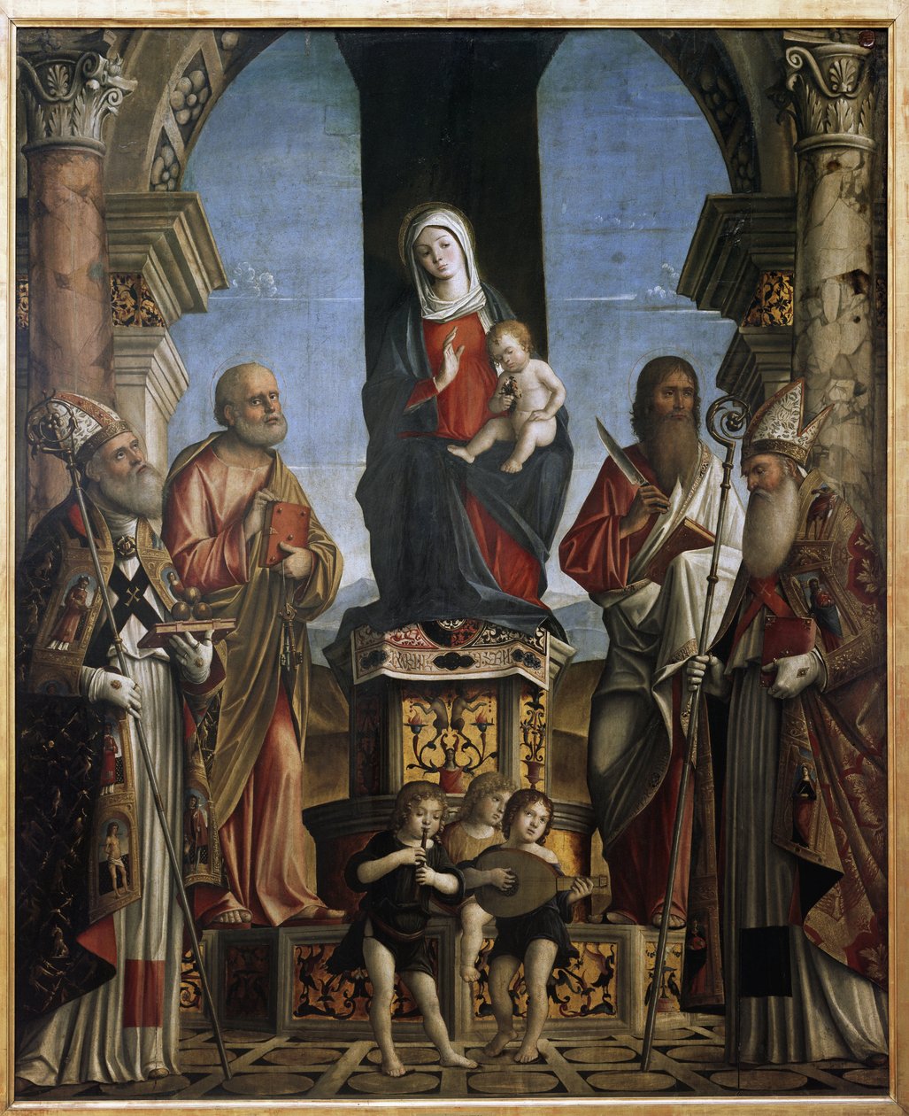 A Virgem e o Menino no trono com São Nicolau, São Pedro, São Bartolomeu e Santo Agostinho (óleo sobre tela de Nicolo Rondinelli