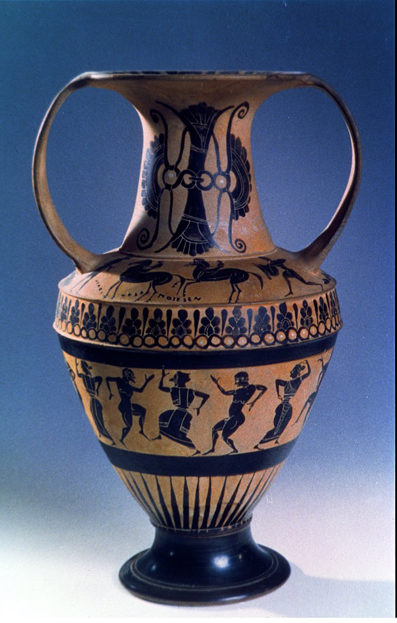 Ânfora de figura negra ática representando dançarinos, c.535-38 aC (louça de barro) de Nicosthenes