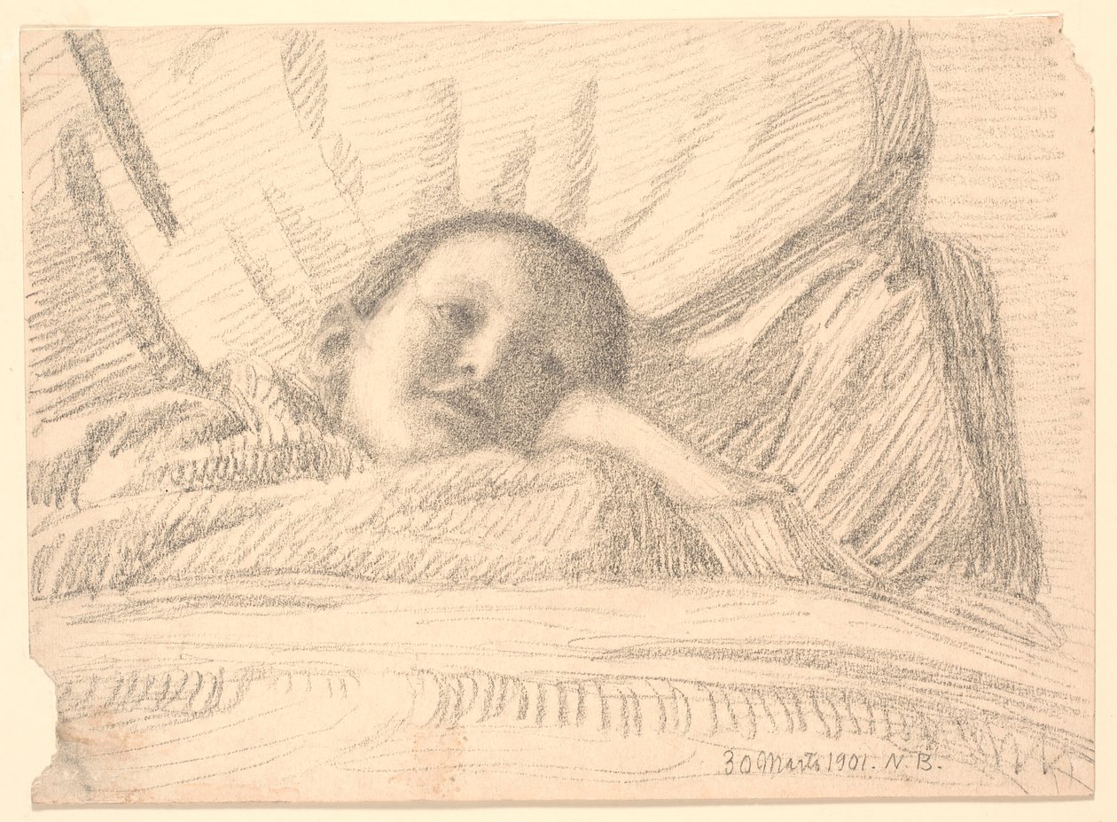 Criança (menina?) deitada na cama de Niels Jakob Jakobsen Bjerre