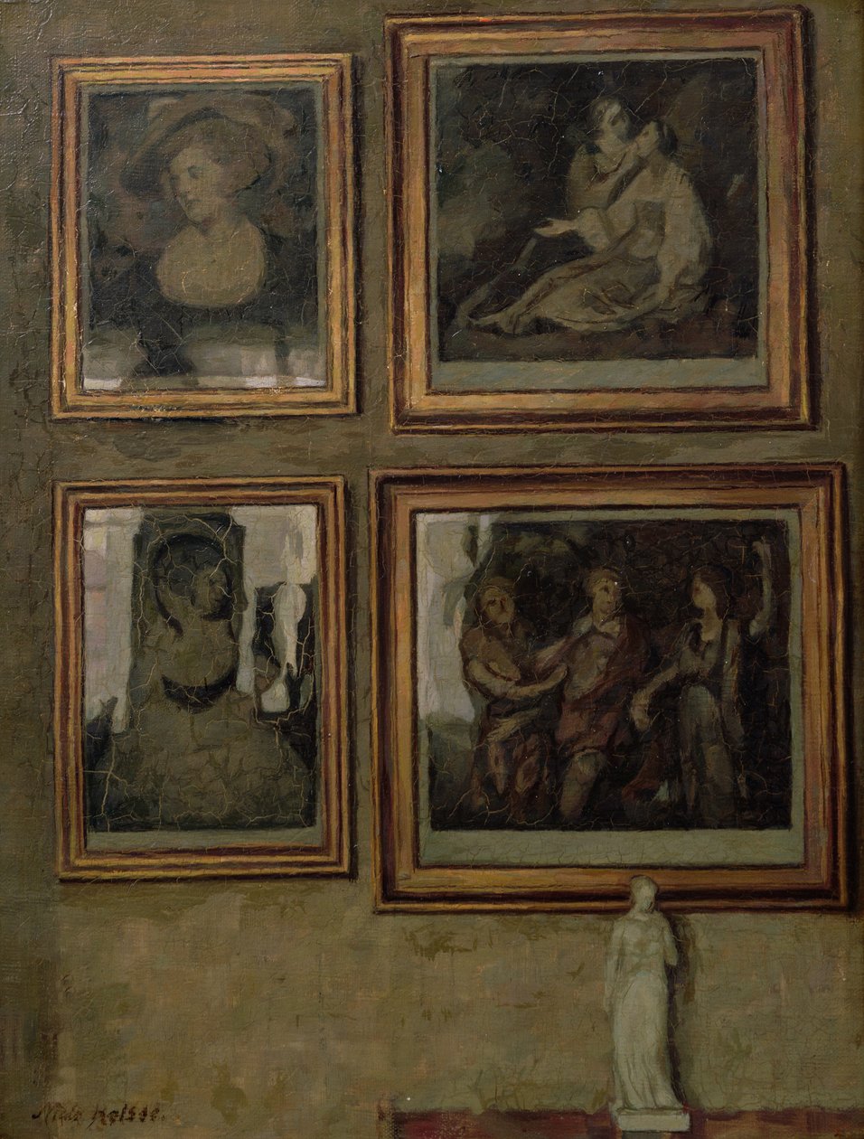 Interior com pinturas e uma estatueta de Niels Holsoe
