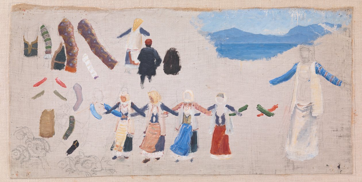 Mulheres dançantes, detalhes do figurino e uma paisagem de Niels Skovgaard