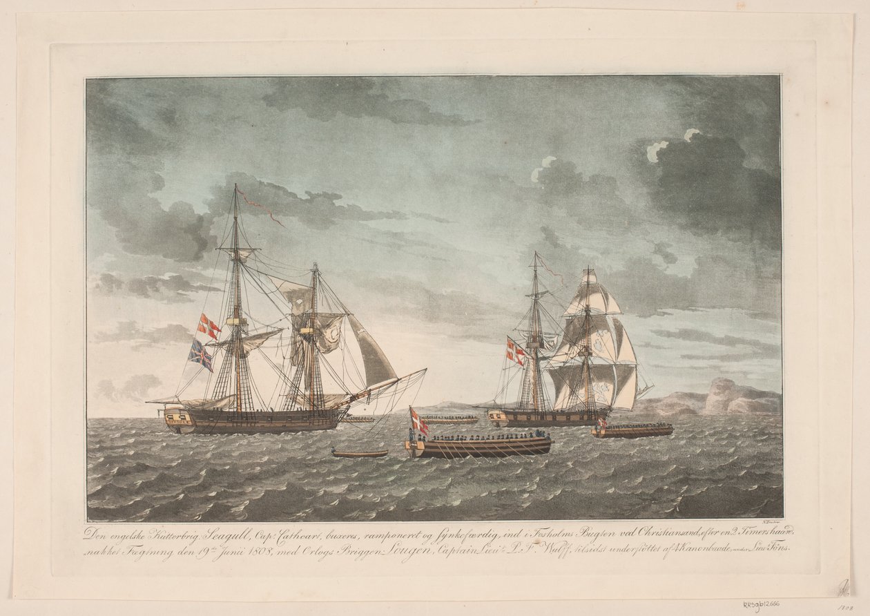 O brigue inglês Seagull após a batalha com o brigue Lougen, 19 de junho de 1808 de Niels Truslew