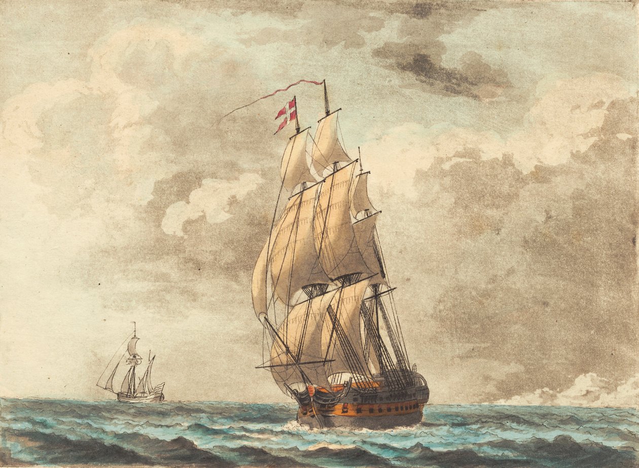 Um navio orlog dinamarquês navegando para um borrão de Niels Truslew