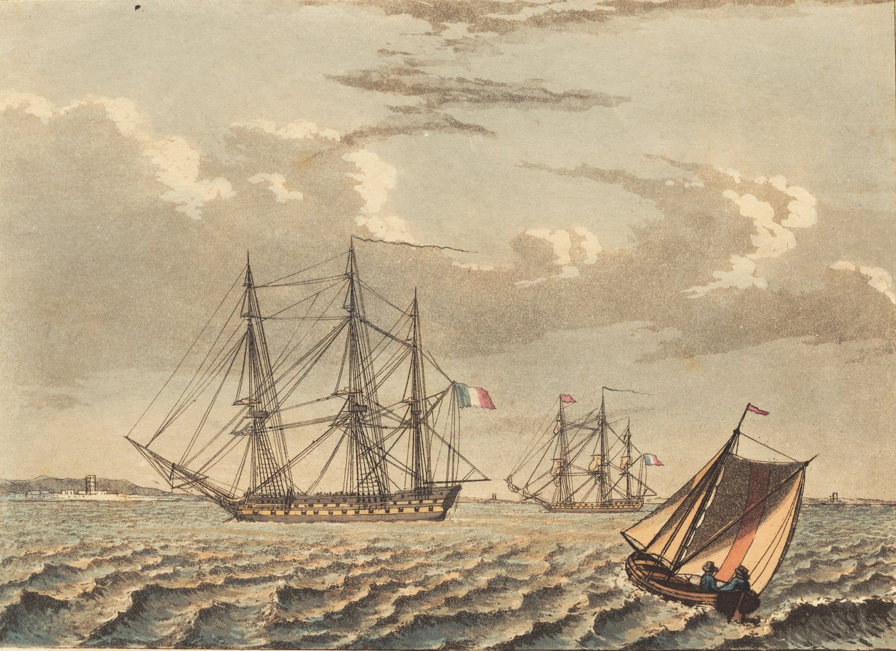 Navios orlog franceses ancorados e um barco que atravessa de Niels Truslew