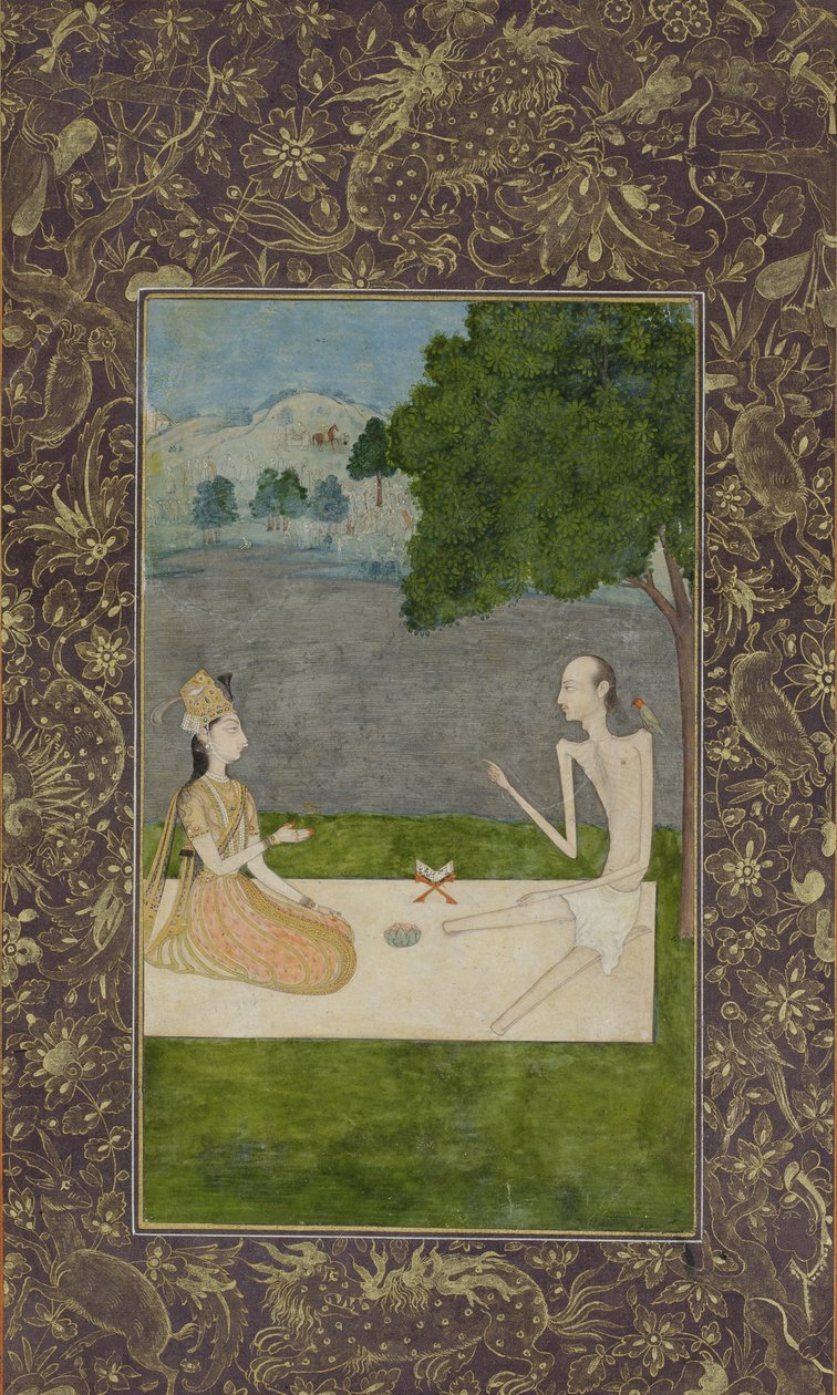 Laila e Majnun conversam embaixo de uma árvore, c.1730 (wc opaco e ouro no papel) de Nihal Chand