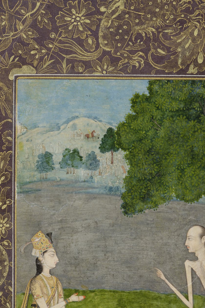 Laila e Majnun conversam embaixo de uma árvore, detalhe, c.1730 (wc opaco e ouro no papel) de Nihal Chand