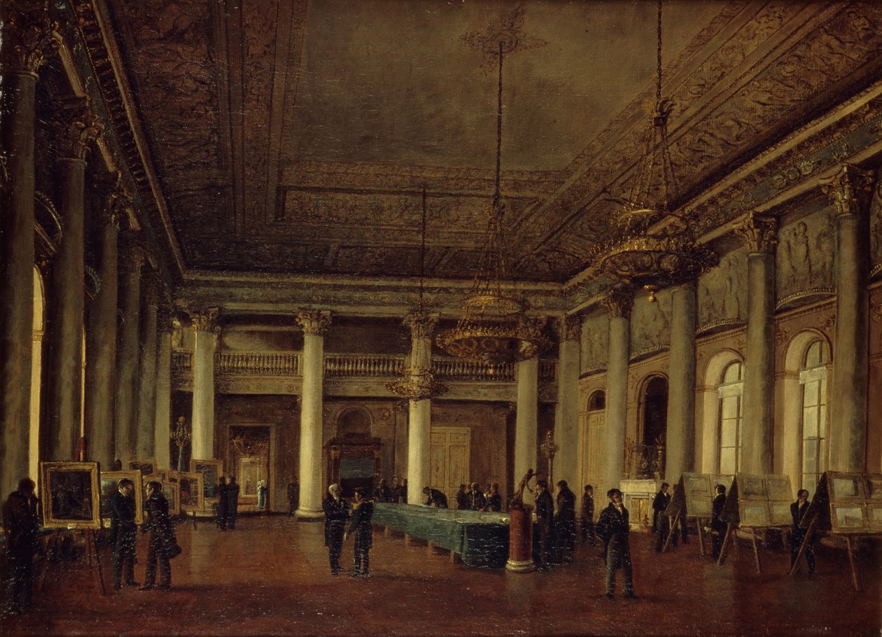 Vista interior da Casa de Dmitry Naryshkin durante uma reunião da Sociedade para o Incentivo das Artes, 1825 de Nikanor Grigoryevich Chernetsov