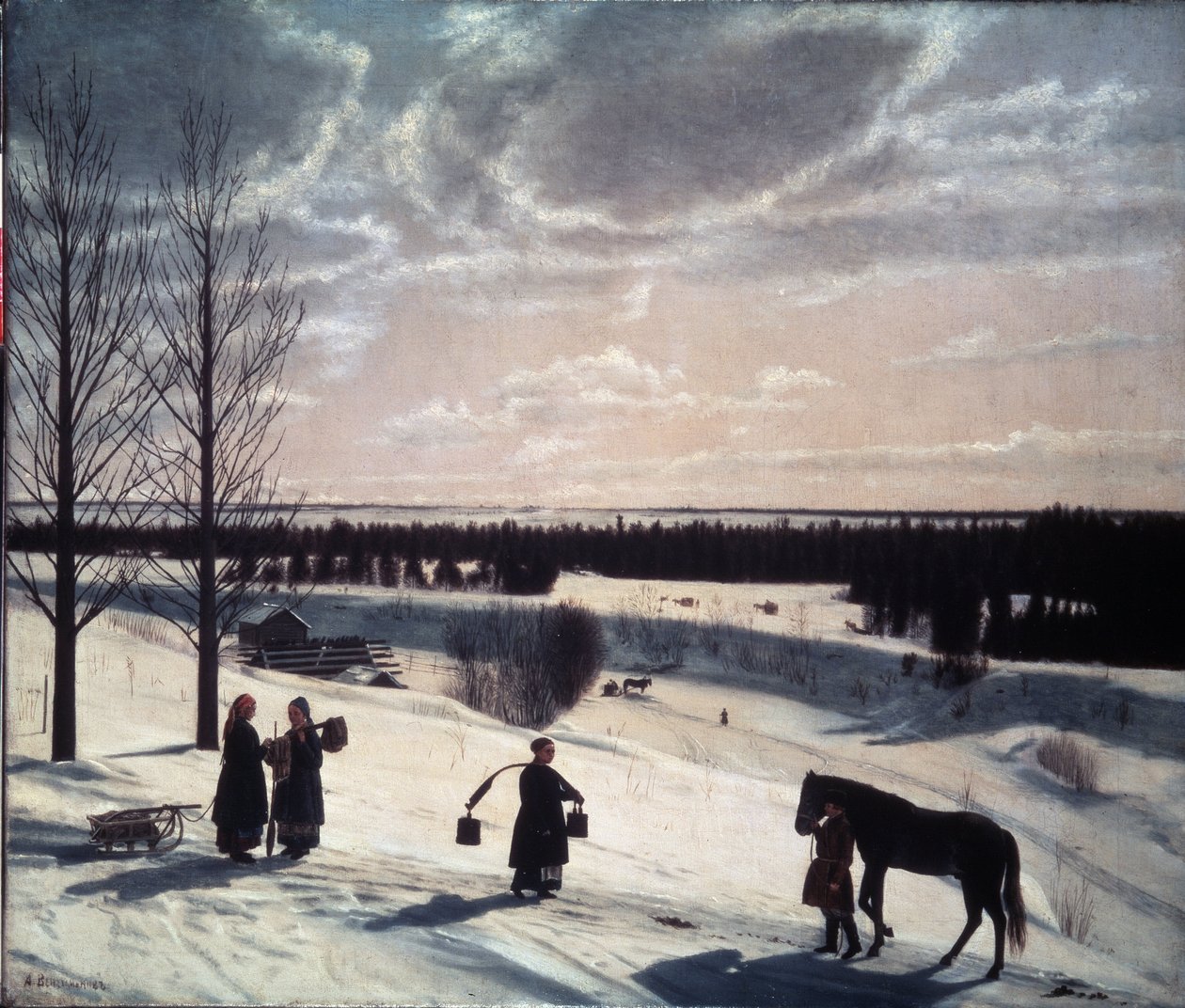 Cena de Inverno, Inverno russo. Descrição de uma paisagem nevada à luz da noite, com figuras na estrada: uma a conduzir um cavalo e mulheres, uma a carregar baldes e duas outras a discutir perto de um marreta. Pei de Nikifor Stepanovich Krylov