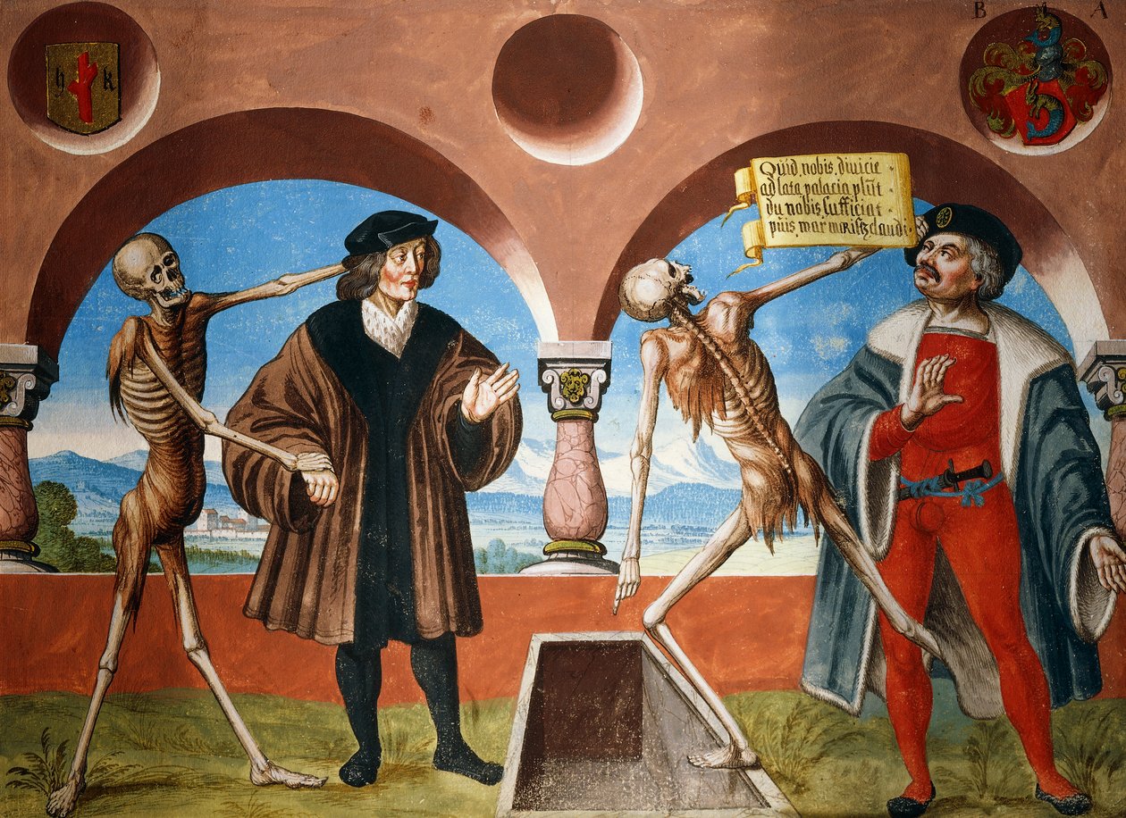 Morte, Conselheiro e Administrador (bailiff) do ciclo de Dança da Morte de Albrecht Kauw de Niklaus Manuel