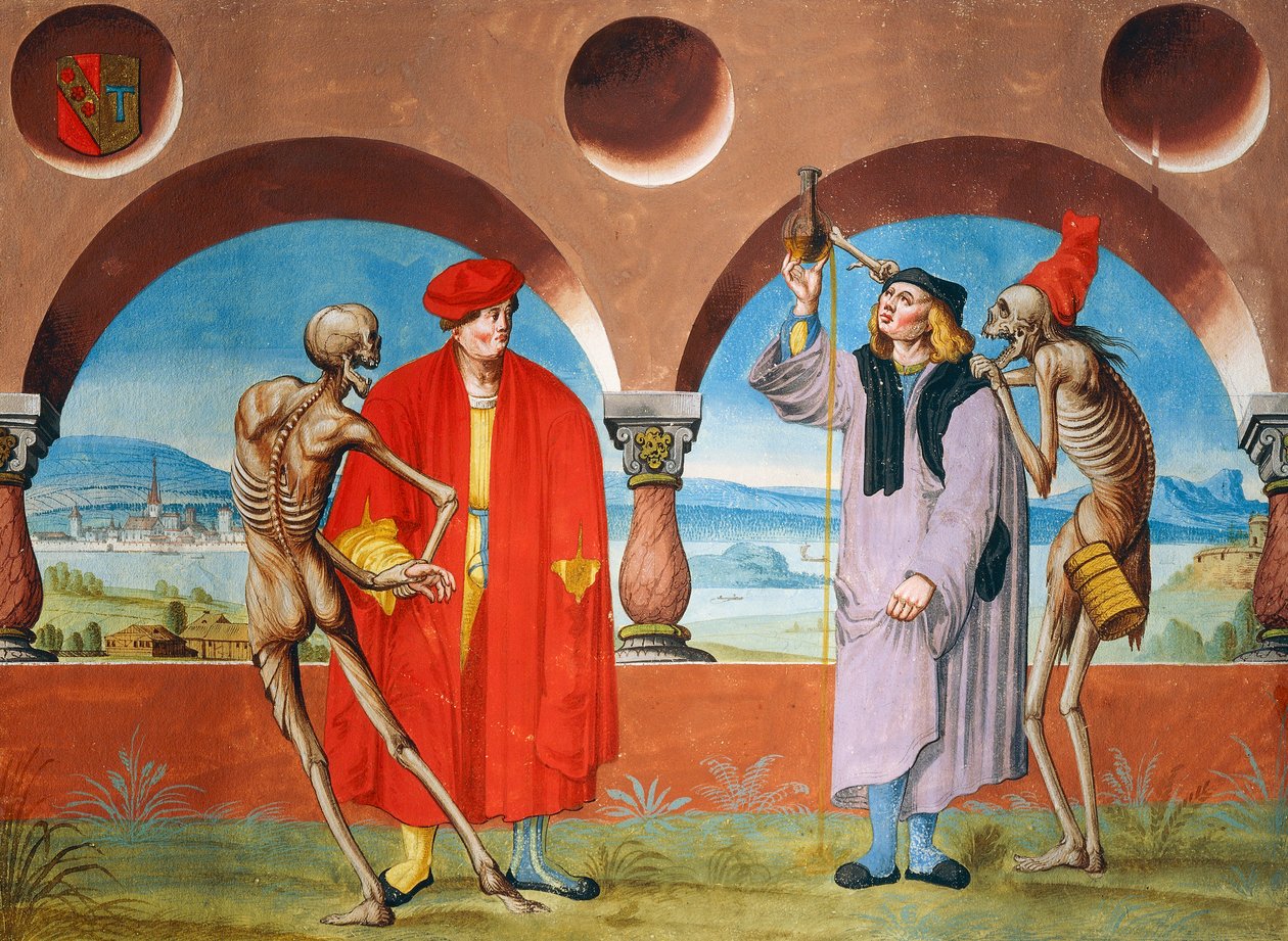 Morte, Advogado e Doutor do ciclo de Dança da Morte de Albrecht Kauw de Niklaus Manuel
