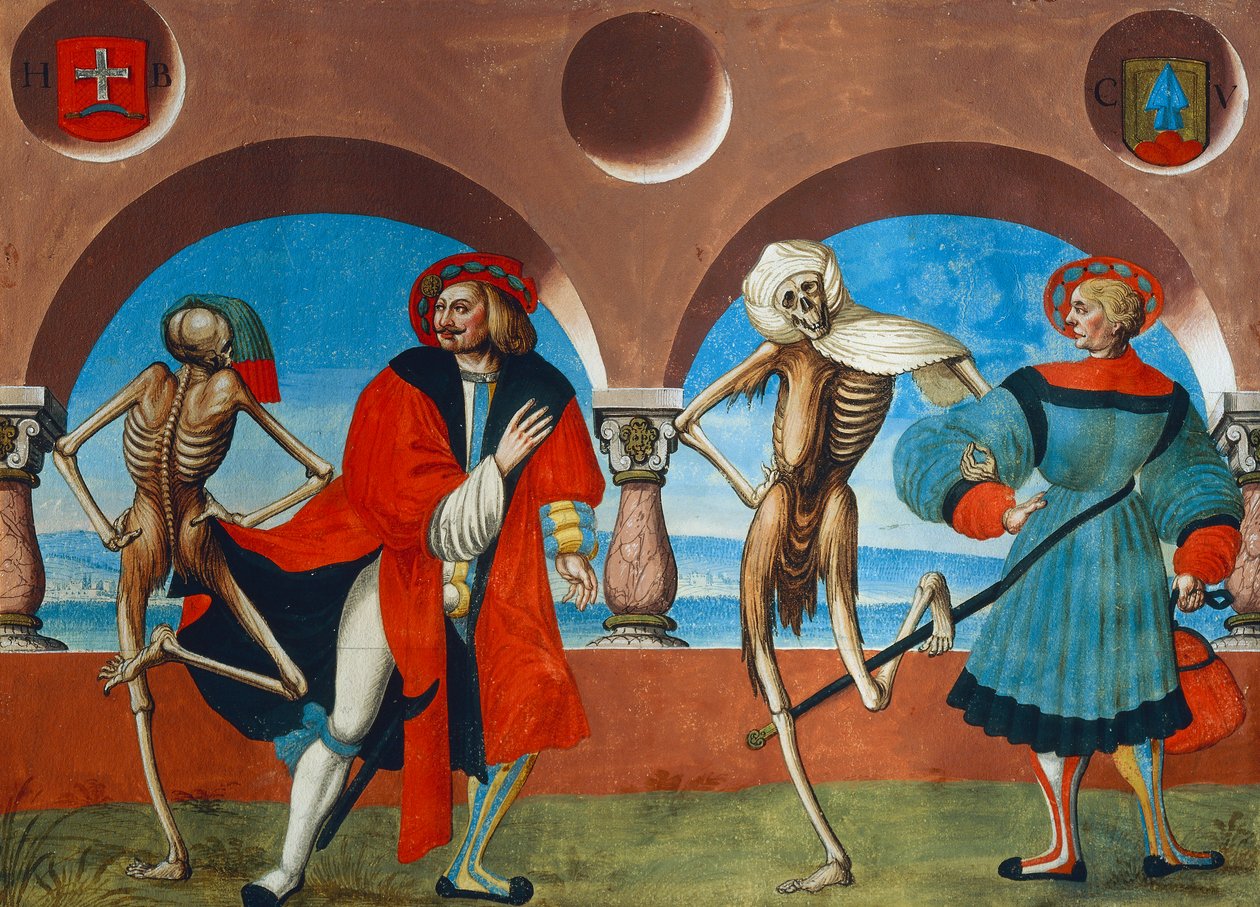 Morte, burguês e o comerciante do ciclo da Dança da Morte de Albrecht Kauw de Niklaus Manuel