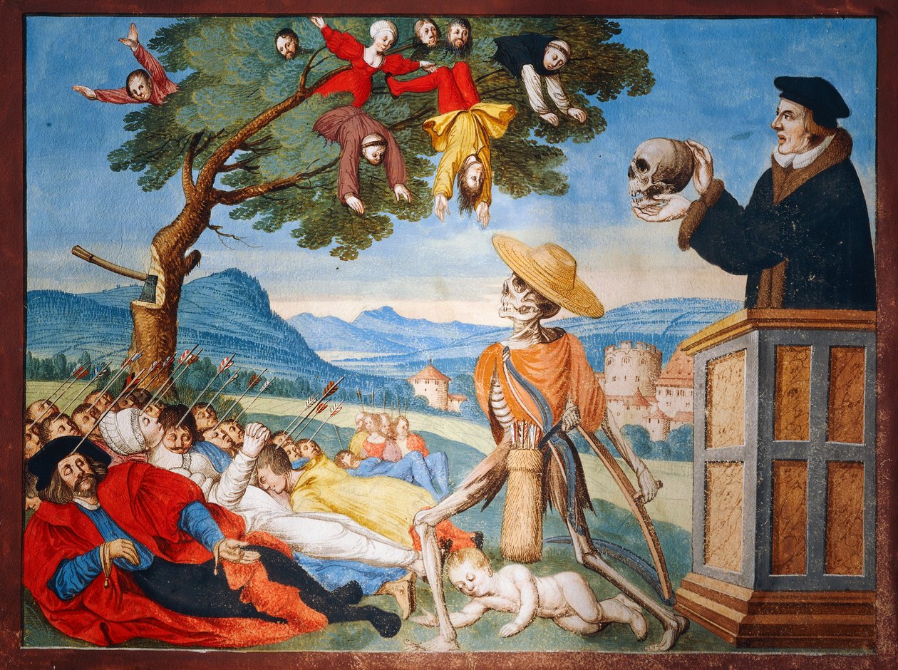 A morte entra em ação com sua foice e os homens caem como folhas mortas, sermão de Memento Mori do ciclo de Dança da Morte de Albrecht Kauw de Niklaus Manuel