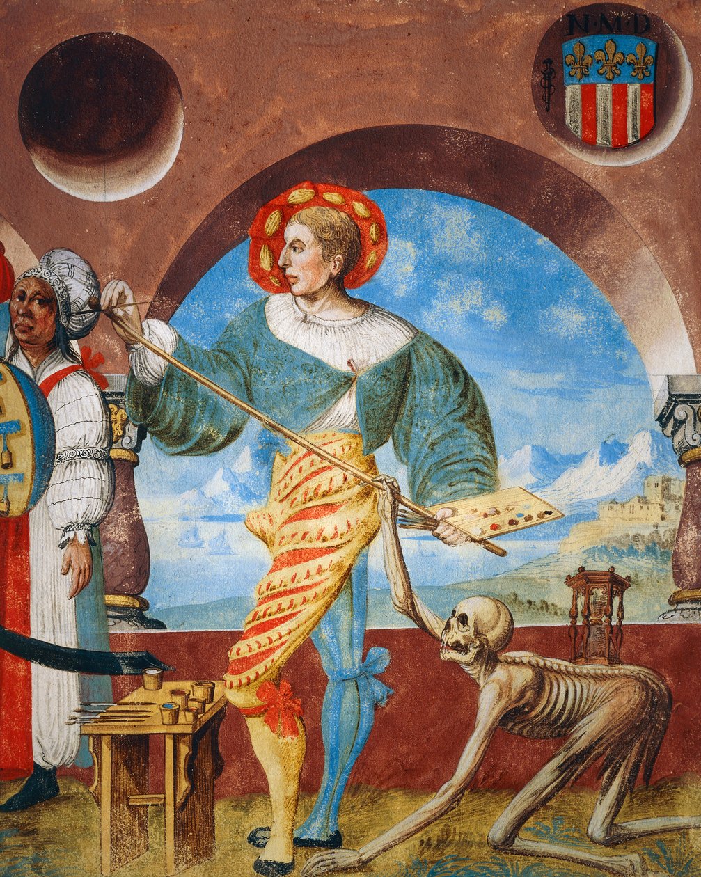 Morte puxando pincel do pintor, detalhe da Morte, grupo de pagãos e Pintor do ciclo Dança da Morte de Albrecht Kauw de Niklaus Manuel