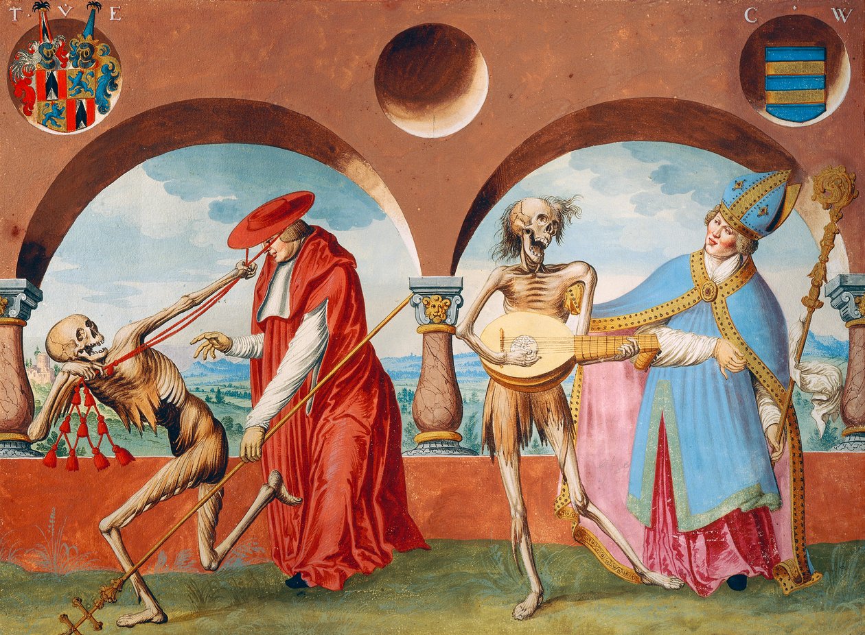 Morte, o Patriarca e o Bispo do Ciclo de Dança da Morte de Albrecht Kauw de Niklaus Manuel