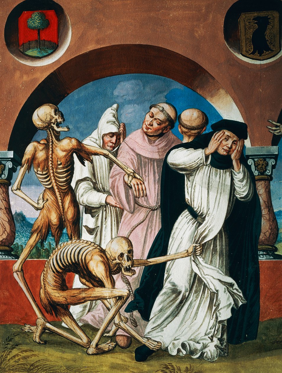 Morte com monges, detalhe da Morte, monges e Abadessa do ciclo de Dança da Morte de Albrecht Kauw de Niklaus Manuel