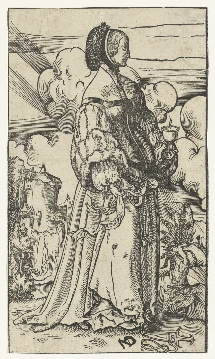 Virgem sábia com lâmpada de óleo ardente na paisagem Five Wise and Five Foolish Virgins (título da série) de Niklaus Manuel Deutsch