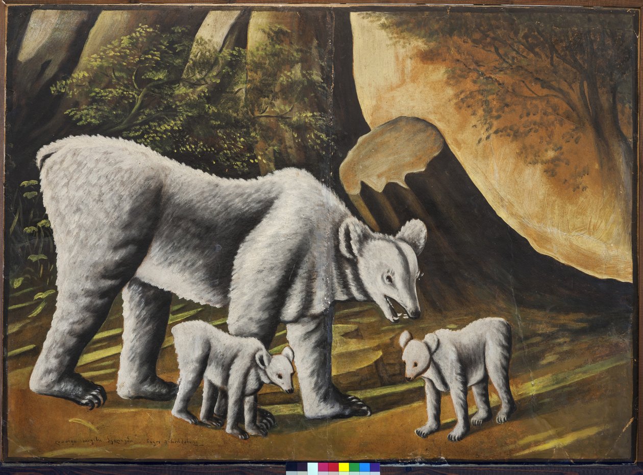 Uma ursa com ursinhos par Pirosmani, Niko (1862-1918). Óleo sobre oleado, tamanho : 100x139 de Niko Pirosmanashvili
