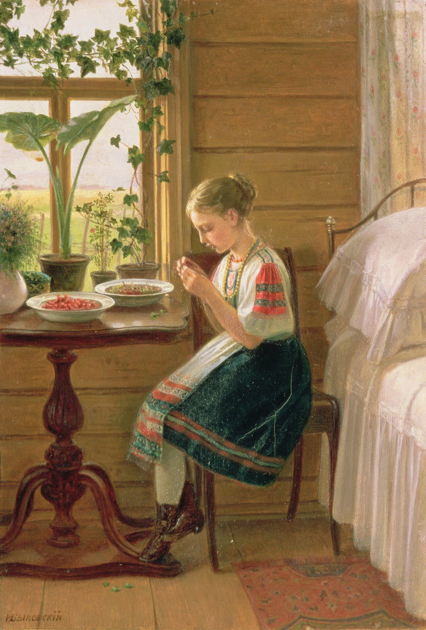 Menina descascando bagas, 1880 de Nikolai Mikhailovich Bykovsky