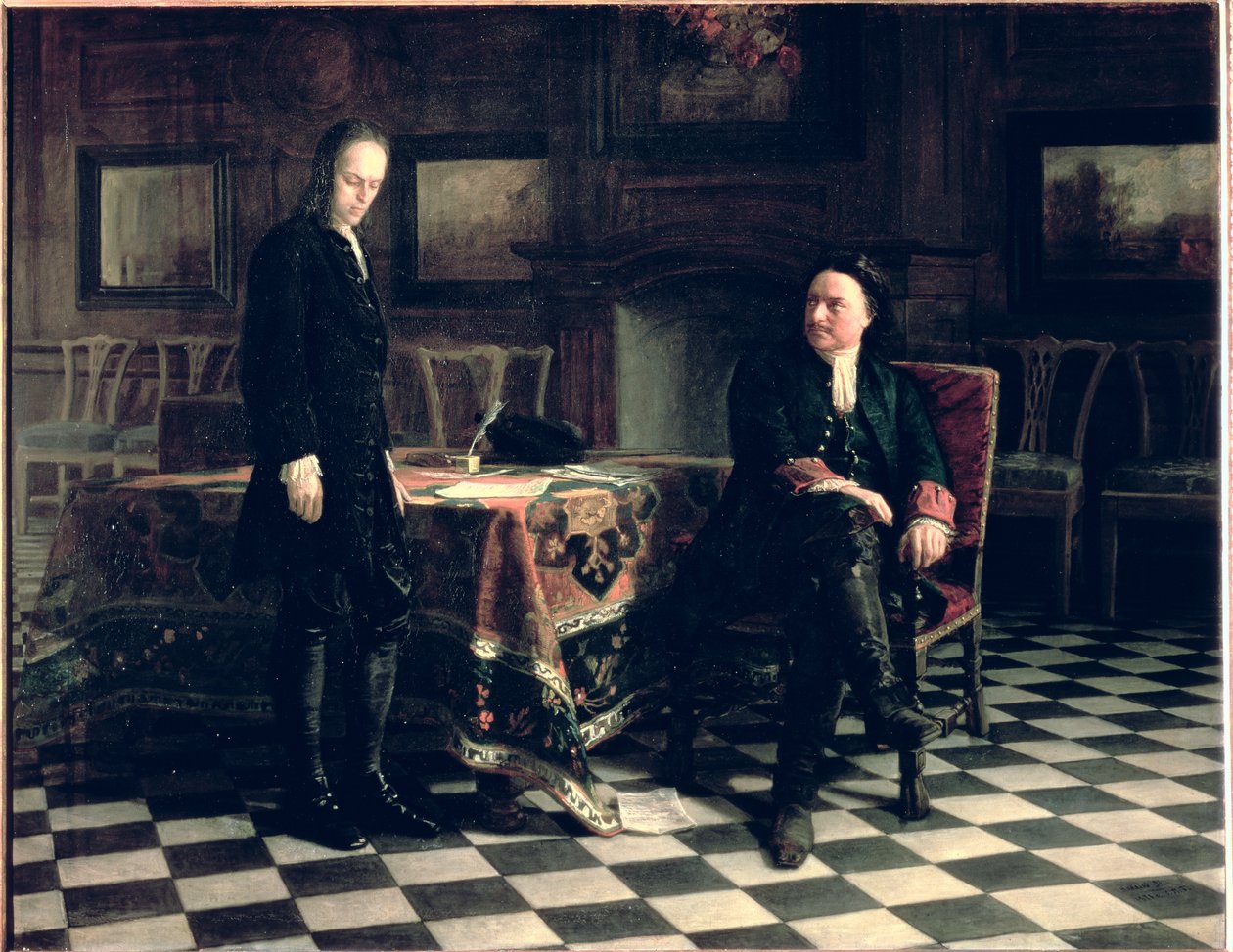 Pedro, o Grande, interroga Tsarevich Alexei Petrovich em Peterhof, 1871 de Nikolai Nikolaevich Ge