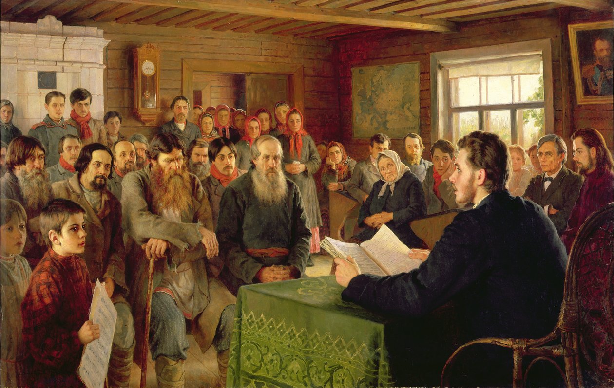 Domingo lendo em uma escola do país, 1895 de Nikolai Petrovich Bogdanov Belsky