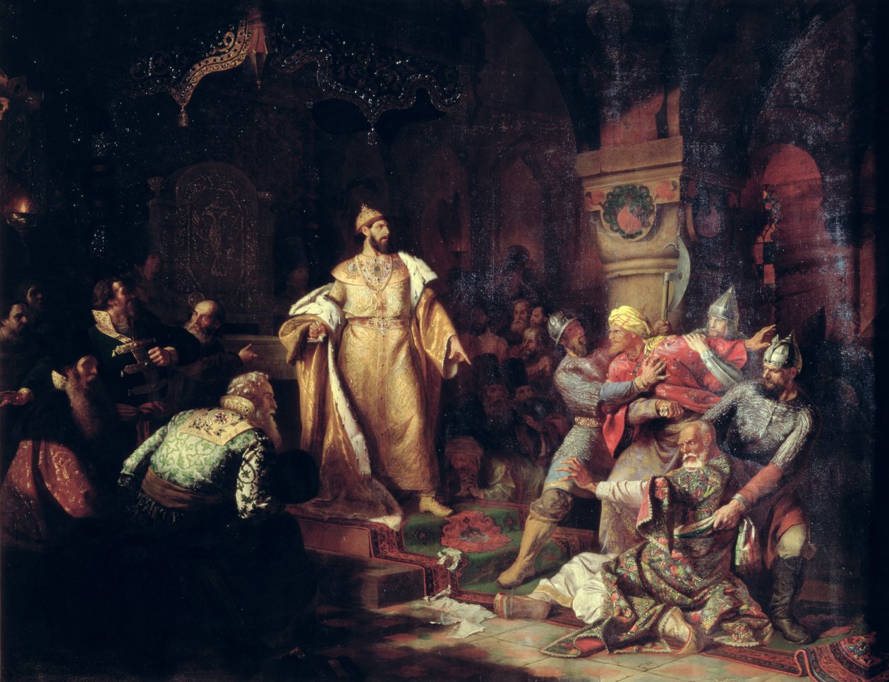 Czar Ivan III (1440-1505) Rasgando a ação de Tatar Khan, 1862 de Nikolai Semenovich Shustov