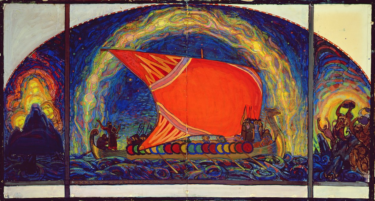 Veleiro Kalevipoegs `Avião, 1910 (têmpera e giz de cera sobre papel) de Nikolai Triik