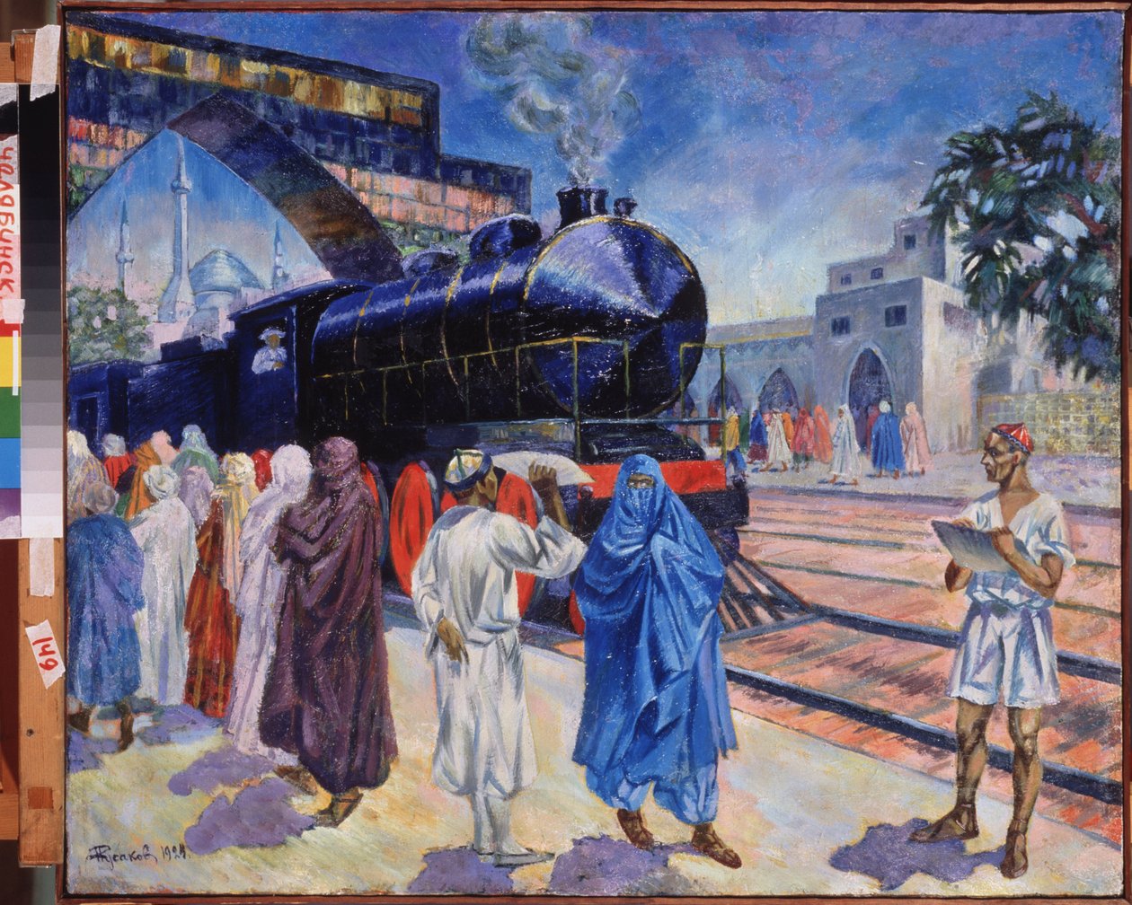 O primeiro trem. Em uma estação de trem na Ásia Central, com uma mesquita ao fundo, a chegada do trem a vapor, os viajantes na plataforma se dirigem para embarcar, sob o olhar do funcionário ferroviário. Pintura de Nikolai Afasasyevich Rusakov (18 de Nikolai Afanasyevich Rusakov