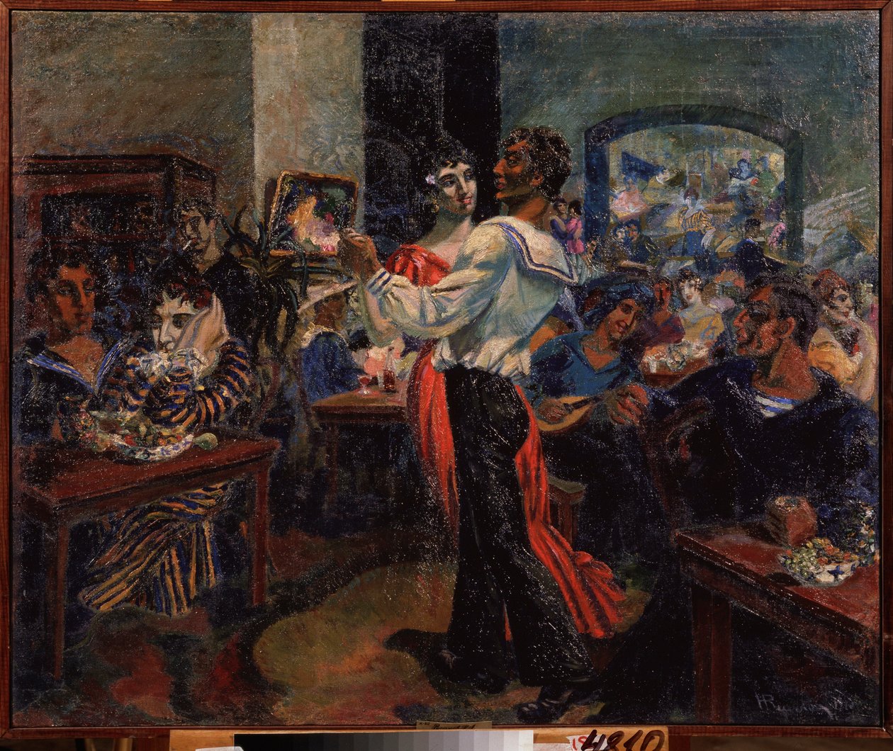 Um bar de marinheiros. Pintura por Nikolai Afanasyevich Rusakov (1888-1941), óleo sobre tela de Nikolai Afanasyevich Rusakov