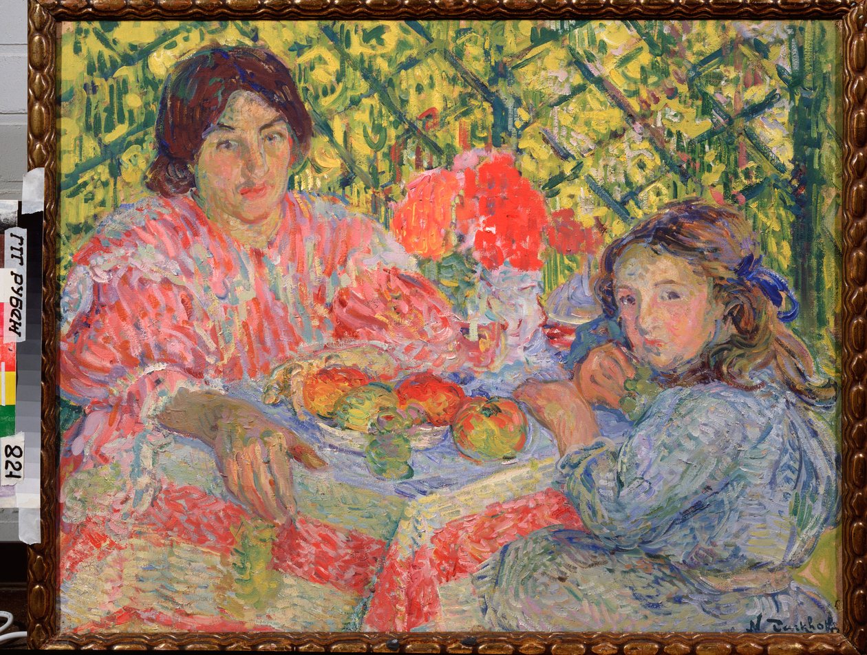 A la table du petit dejeuner (Na mesa do pequeno-almoço) - Peinture de Nikolai Aleksandrovich Tarkhov (Tarhov, Tarkov, Tarkhoff ou Tarkoff de Nikolai Aleksandrovich Tarkhov