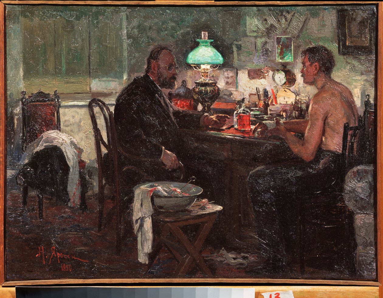Chez le medecin (At The Doctor) - Pintura de Nikolai Alexandrovich Yaroshenko (Yaroshenko) (1846-1898), óleo sobre tela, arte russa de Nikolai Aleksandrovich Yaroshenko