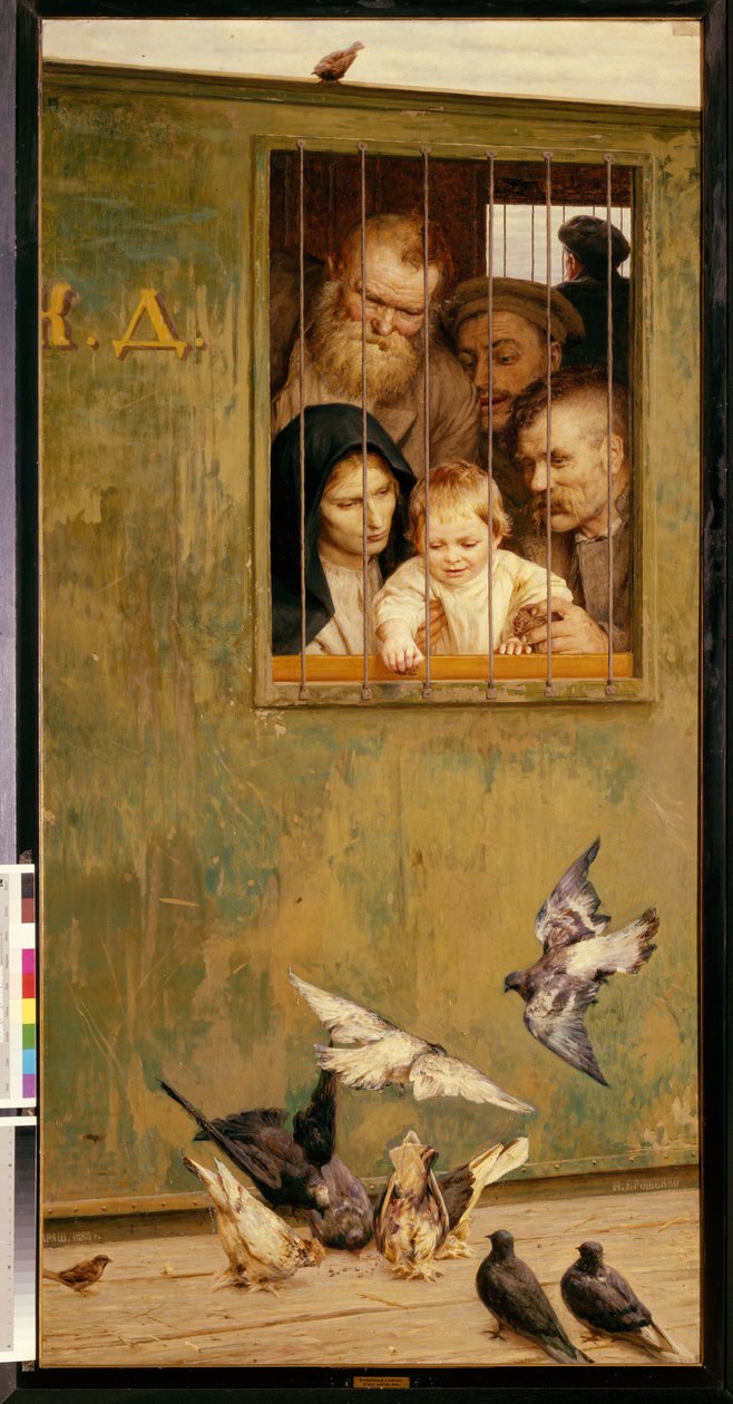 A vida está em todos os lugares. (Da janela de uma carroça com barras de ferro, uma criança cercada de rostos sorridentes joga migalhas nos pássaros). Pintura de Nikolai Alexandrovich Yaroshenko (Yarochenko) (1846-1898), óleo sobre tela de Nikolai Aleksandrovich Yaroshenko