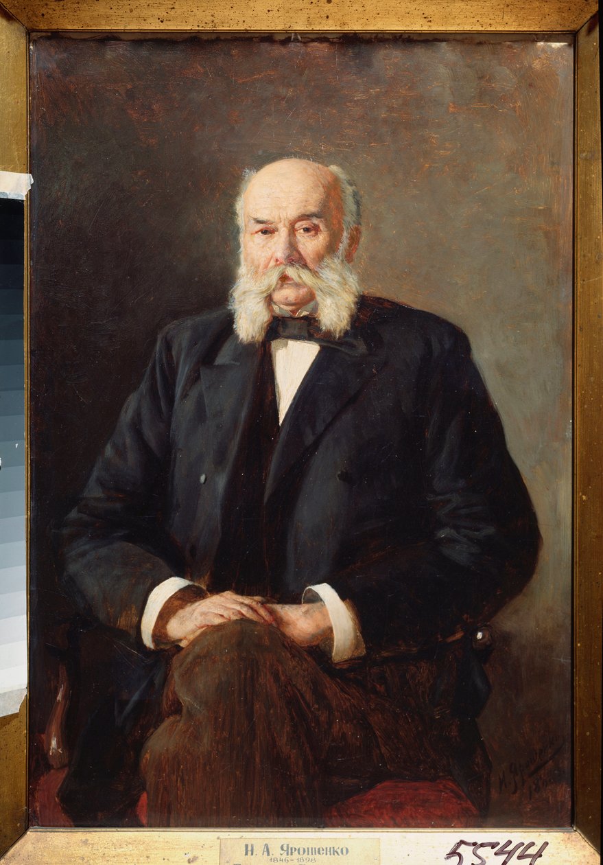Retrato do escritor Ivan Goncharov (1812-1891) (Retrato do autor I Goncharov) - Pintura de Nikolai Alexandrovich Yaroshenko (Yarochenko) (1846-1898), óleo sobre tela de Nikolai Aleksandrovich Yaroshenko