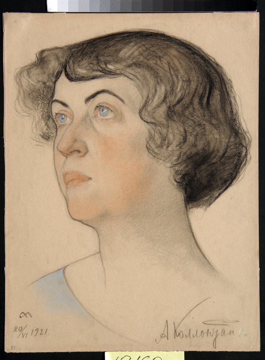 Retrato de Alexandra Mikhailovna Kollontai (1872-1952), comunista russa e política soviética (Alexandra M. Kollontai) - Desenho de Nikolai Andreevich Andreev (1873-1932) sangue e giz sobre papel (32,2x24,3 cm) de Nikolai Andreevich Andreev