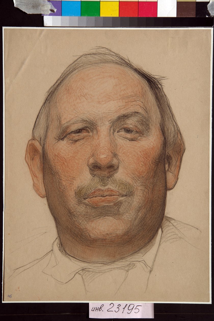 Portrait de Demian Bedny (1883-1945) - Oeuvre de Nikolai Andreevich Andreev (1873-1932), sanguine et craies sur papier (32x24,2 cm), vers 1920 - (Retrato de Demyan Bedny, de Nikolay Andreyevich Andreyev, sanguíneo, preto e giz branco sobre papel de Nikolai Andreevich Andreev