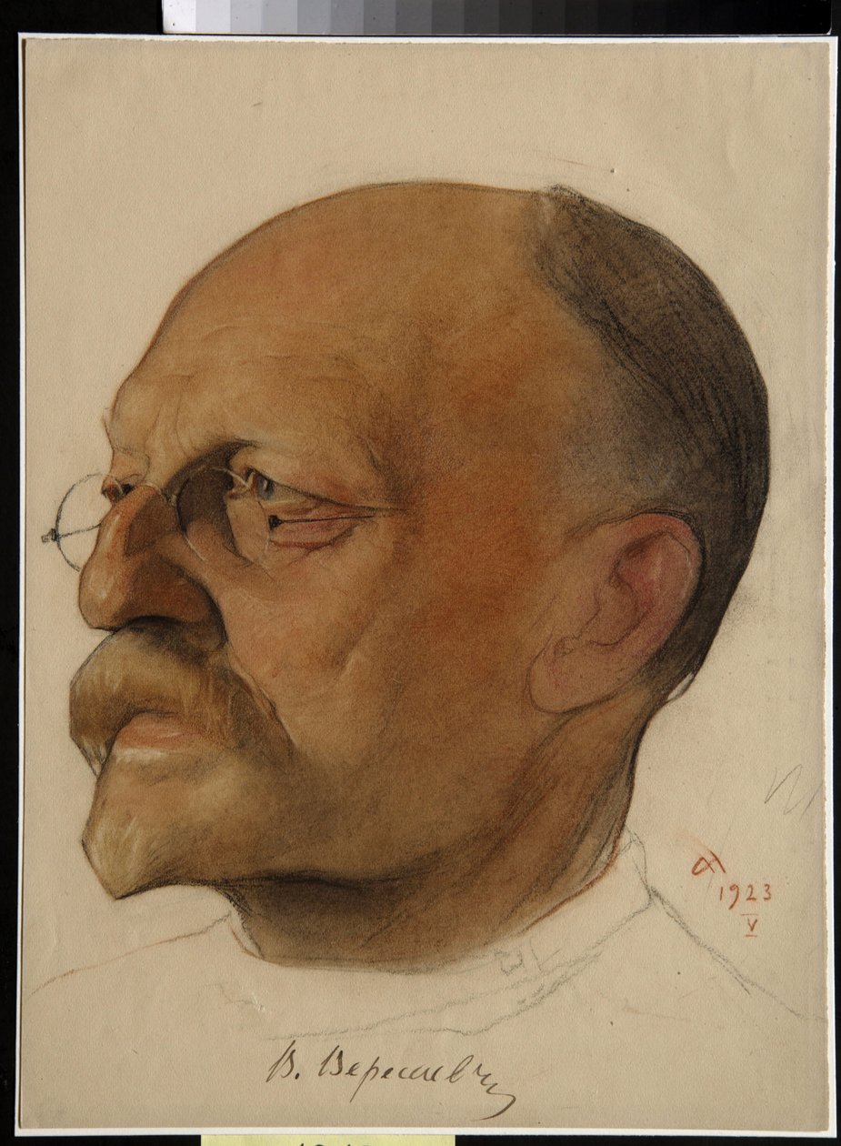 Retrato de Vikenti Vikentyevich Smidovitch, dit Vikenti Veressaiev (1867-1945), médico e escritor russo (Vikenty Vikentyevich Veresaev) - Desenho de Nikolai Andreevich Andreev (1873-1932) sanguíneo e lápis de cor sobre papel (32,5x24 cm) de Nikolai Andreevich Andreev