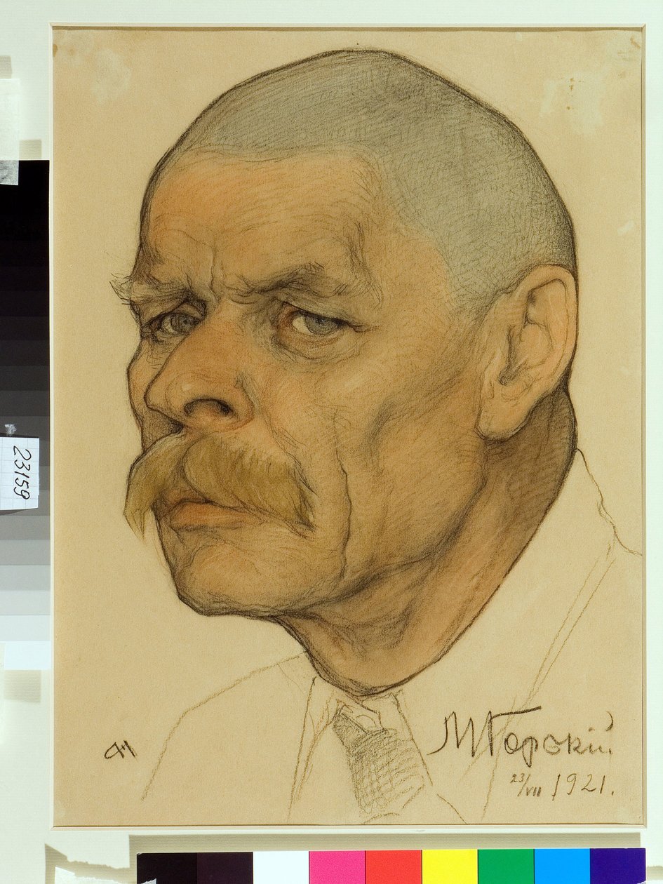 Retrato do escritor russo Maxim Gorky (1868-1939) - Obra de Nikolai Andreevich Andreev (1873-1932), giz vermelho e giz sobre papel (32,6x24,3 cm) de Nikolai Andreevich Andreev