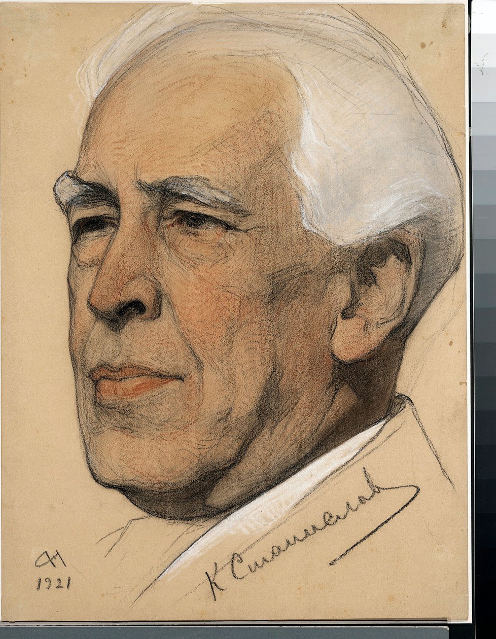 Retrato do realizador Constantin Sergueievitch Stanislavski (1863-1938) - Trabalho de Nikolai Andreevich Andreevich (1873-1932), giz vermelho e giz sobre papel (32,2x24,2 cm) de Nikolai Andreevich Andreev