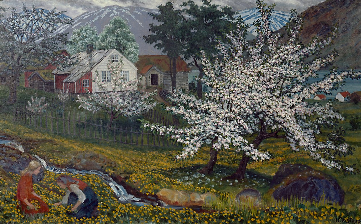 Macieira em Flor, Fazenda Strømsbo, c.1912 (óleo sobre tela) de Nikolai Astrup