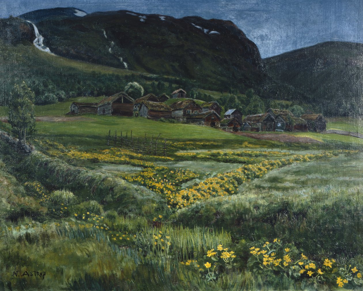 Noite de junho e antigo pátio ocidental da Noruega (óleo sobre tela) de Nikolai Astrup