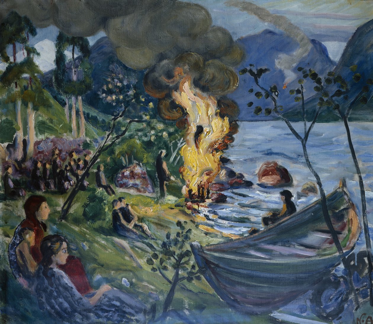 Incêndio a meio do Verão em água de Jølster (óleo sobre tela) de Nikolai Astrup